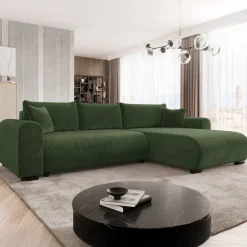 Divano letto angolare reversibile 4 posti 285x188cm con contenitore imbottito tessuto verde Soft