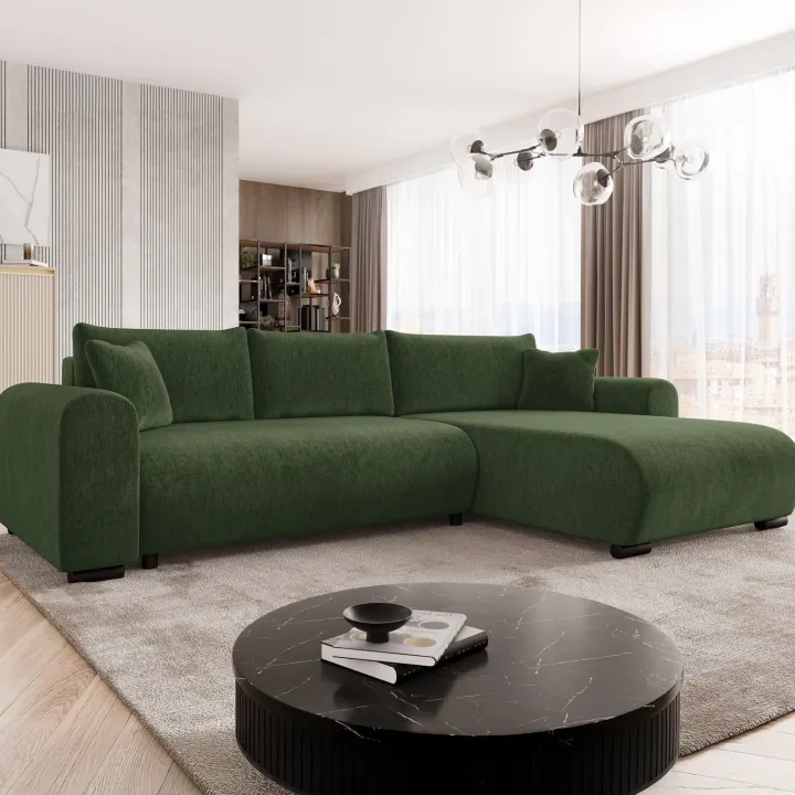 Divano letto angolare reversibile 4 posti 285x188cm con contenitore imbottito tessuto verde Soft