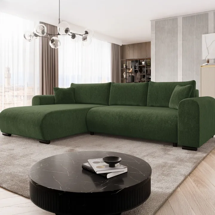 Divano letto angolare reversibile 4 posti 285x188cm con contenitore imbottito tessuto verde Soft