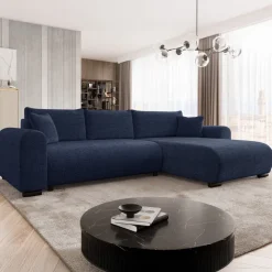 Divano letto angolare reversibile 4 posti 285x188cm con contenitore a trama spessa blu Soft