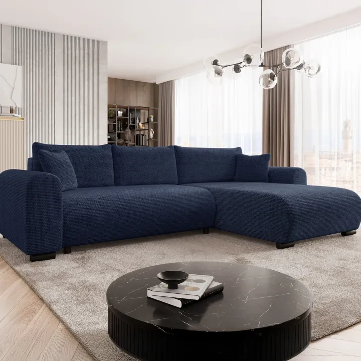 Divano letto angolare reversibile 4 posti 285x188cm con contenitore a trama spessa blu Soft