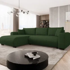 Divano letto angolare reversibile 4 posti 285x188cm con contenitore tessuto velluto a coste verde Soft