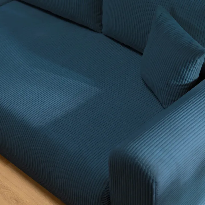 Divano letto angolare reversibile 4 posti 285x188cm con contenitore tessuto velluto a coste blu navy Soft