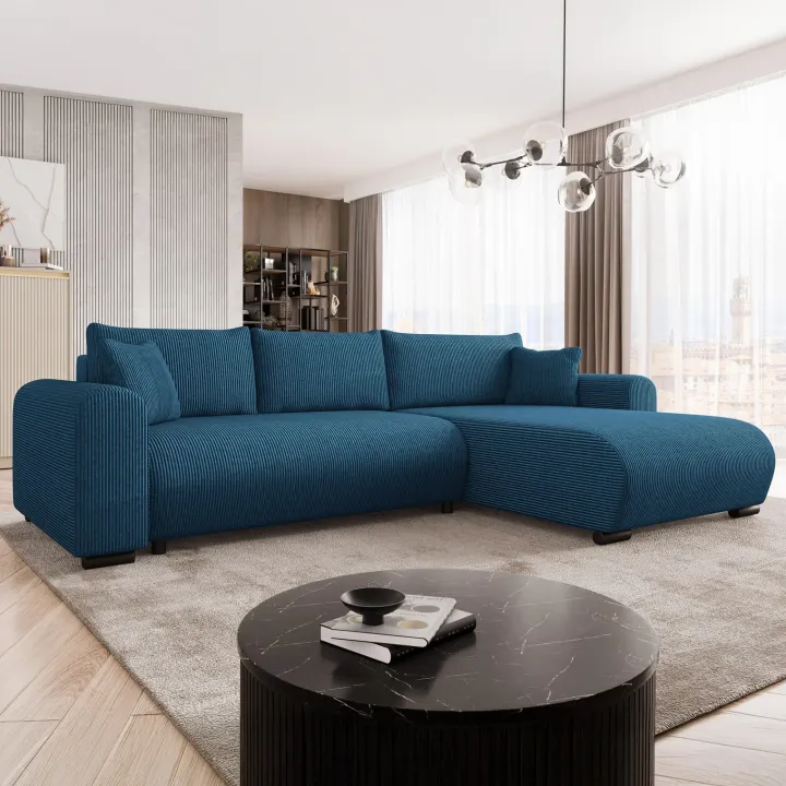 Divano letto angolare reversibile 4 posti 285x188cm con contenitore tessuto velluto a coste blu navy Soft