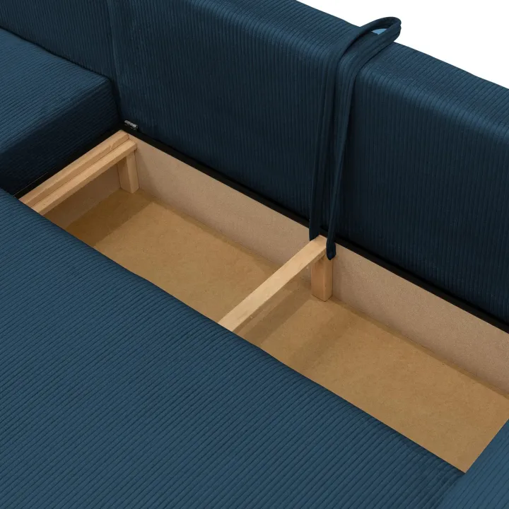 Divano letto angolare reversibile 4 posti 285x188cm con contenitore tessuto velluto a coste blu navy Soft