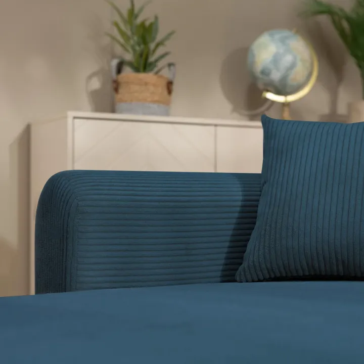 Divano letto angolare reversibile 4 posti 285x188cm con contenitore tessuto velluto a coste blu navy Soft