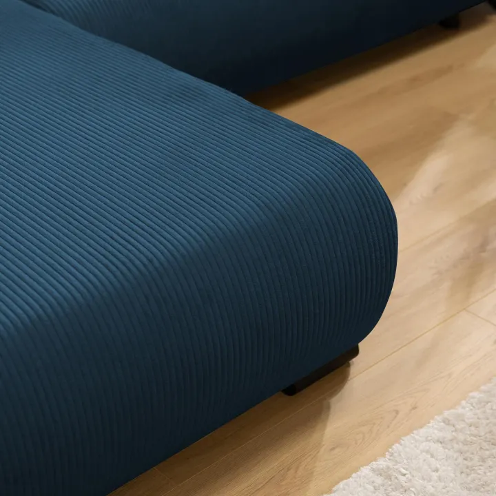 Divano letto angolare reversibile 4 posti 285x188cm con contenitore tessuto velluto a coste blu navy Soft
