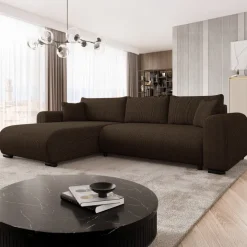 Divano letto angolare reversibile 4 posti 285x188cm con contenitore tessuto velluto a coste marrone scuro Soft