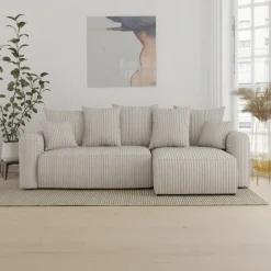 Divano letto angolare reversibile 238x142cm velluto a coste con libreria a sinistra beige Mistery