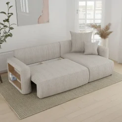 Divano letto angolare reversibile 238x142cm velluto a coste con libreria a sinistra beige Mistery