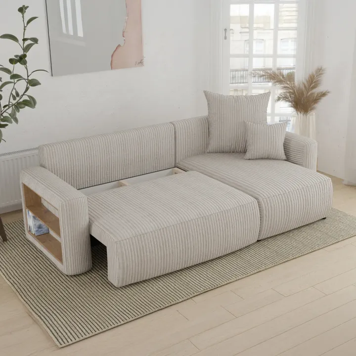 Divano letto angolare reversibile 238x142cm velluto a coste con libreria a sinistra beige Mistery