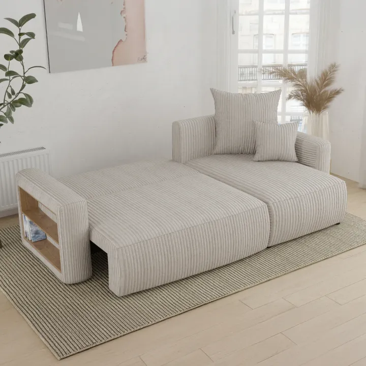 Divano letto angolare reversibile 238x142cm velluto a coste con libreria a sinistra beige Mistery