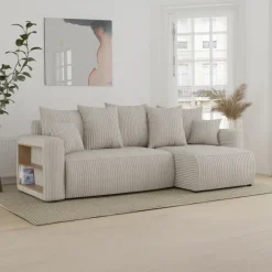 Divano letto angolare reversibile 238x142cm velluto a coste con libreria a sinistra beige Mistery
