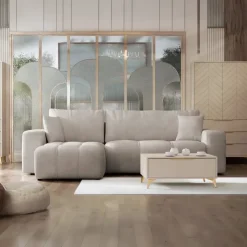 Divano letto angolare reversibile 3 posti 244x145cm con contenitore tessuto beige scuro Orama
