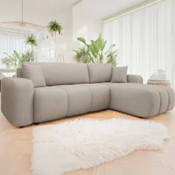 Divano letto angolare reversibile 3 posti 244x145cm con contenitore tessuto beige scuro Orama