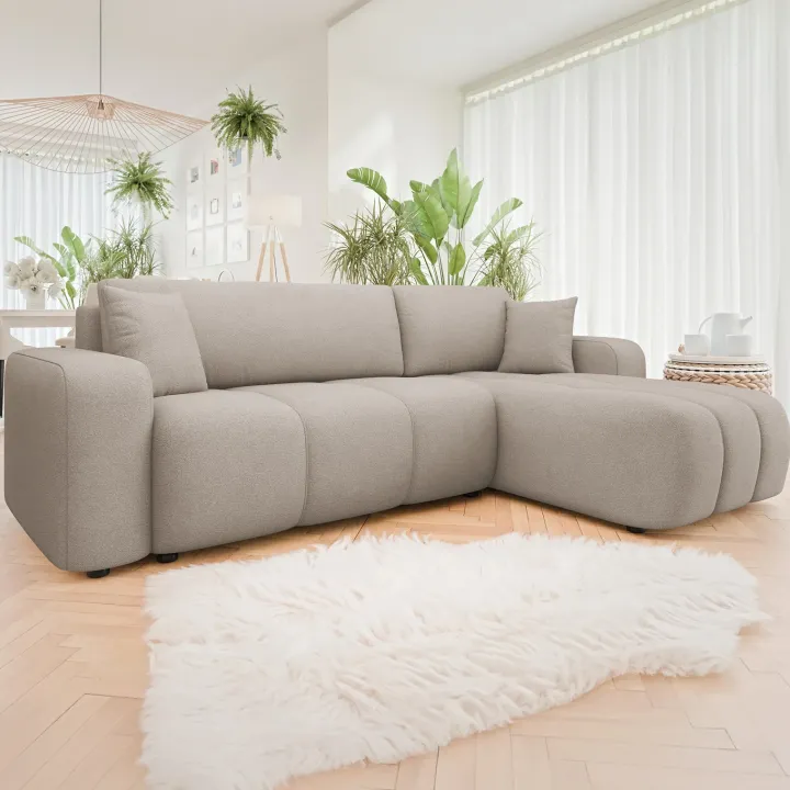 Divano letto angolare reversibile 3 posti 244x145cm con contenitore tessuto beige scuro Orama