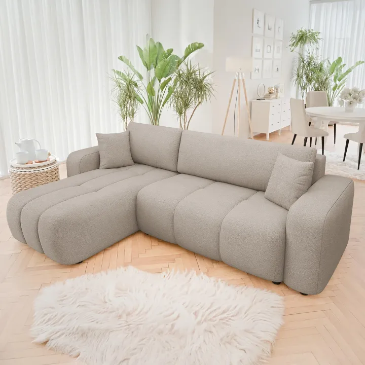 Divano letto angolare reversibile 3 posti 244x145cm con contenitore tessuto beige scuro Orama