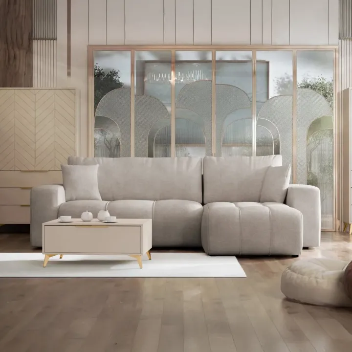Divano letto angolare reversibile 3 posti 244x145cm con contenitore tessuto beige scuro Orama