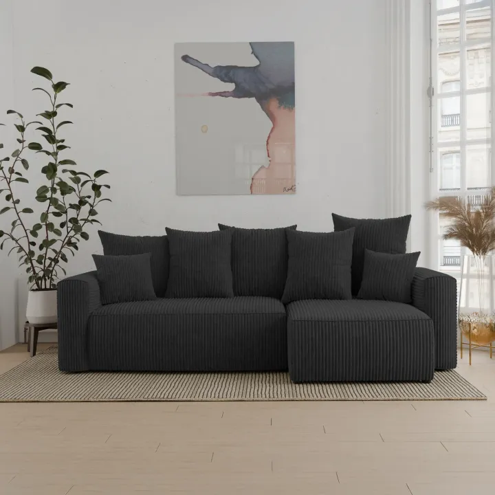 Divano letto angolare reversibile 238x142cm velluto a coste nero Scintilla