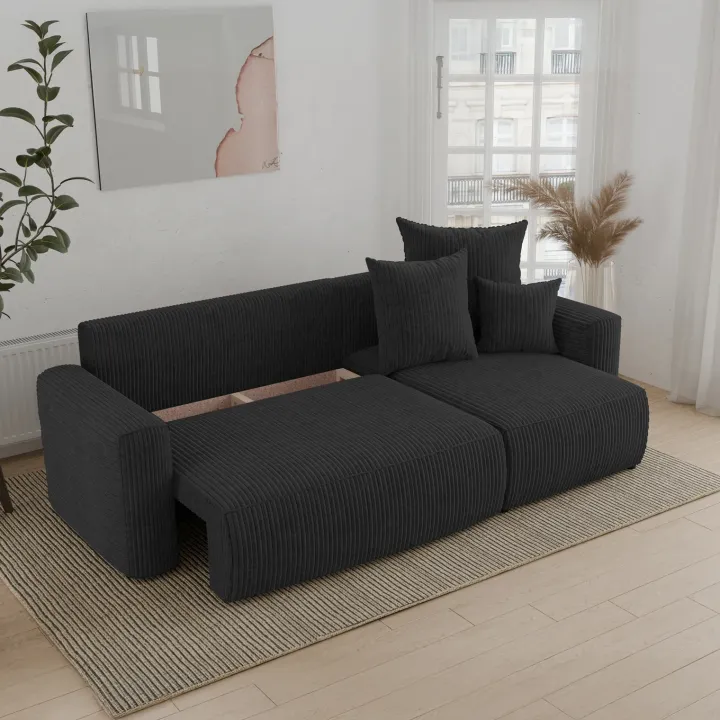 Divano letto angolare reversibile 238x142cm velluto a coste nero Scintilla