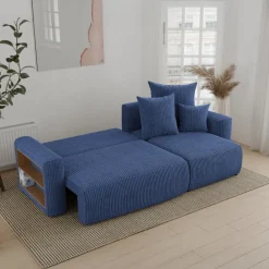 Divano letto angolare reversibile 238x142cm velluto a coste con libreria a sinistra blu Mistery
