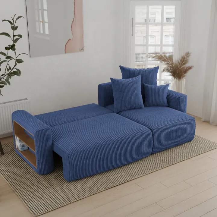 Divano letto angolare reversibile 238x142cm velluto a coste con libreria a sinistra blu Mistery
