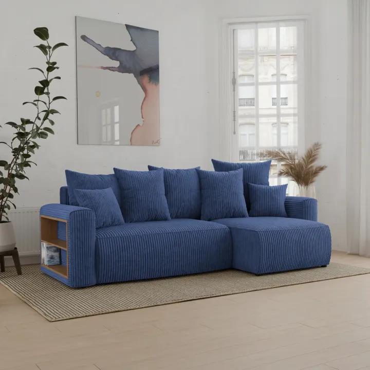 Divano letto angolare reversibile 238x142cm velluto a coste con libreria a sinistra blu Mistery