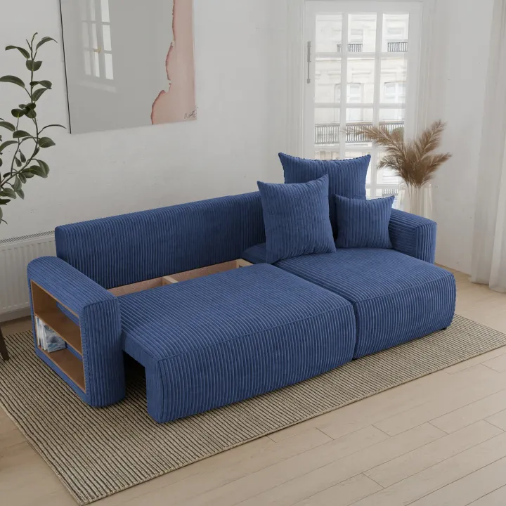 Divano letto angolare reversibile 238x142cm velluto a coste con libreria a sinistra blu Mistery