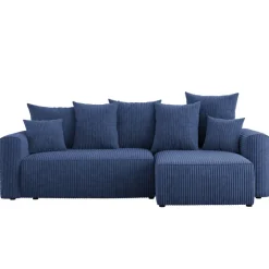 Divano letto angolare reversibile 238x142cm velluto a coste con libreria a sinistra blu Mistery
