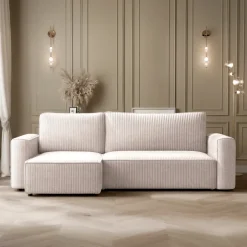 Divano letto angolare reversibile 243x142cm velluto a coste beige Ofelia