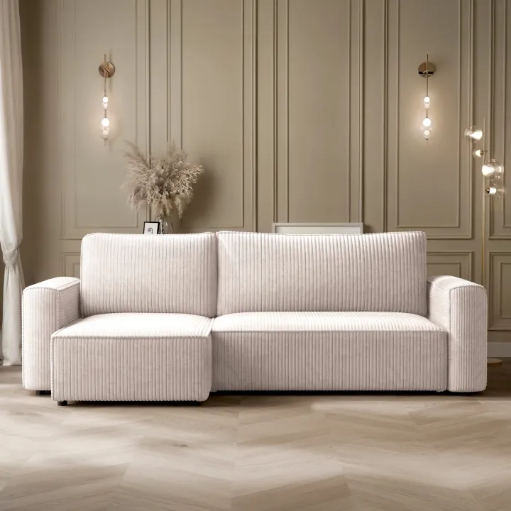 Divano letto angolare reversibile 243x142cm velluto a coste beige Ofelia
