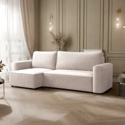 Divano letto angolare reversibile 243x142cm velluto a coste beige Ofelia