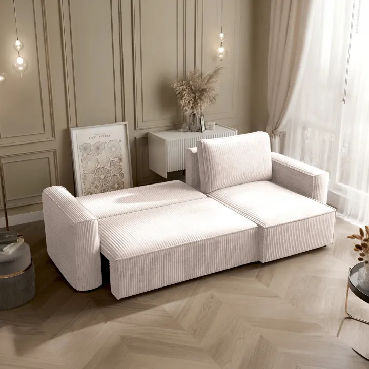 Divano letto angolare reversibile 243x142cm velluto a coste beige Ofelia