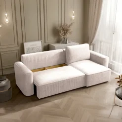 Divano letto angolare reversibile 243x142cm velluto a coste beige Ofelia