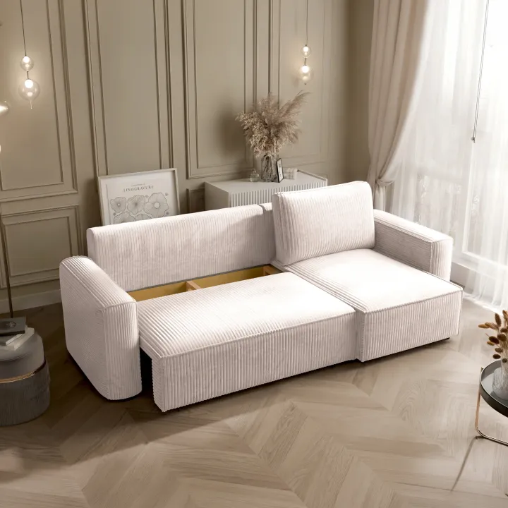 Divano letto angolare reversibile 243x142cm velluto a coste beige Ofelia