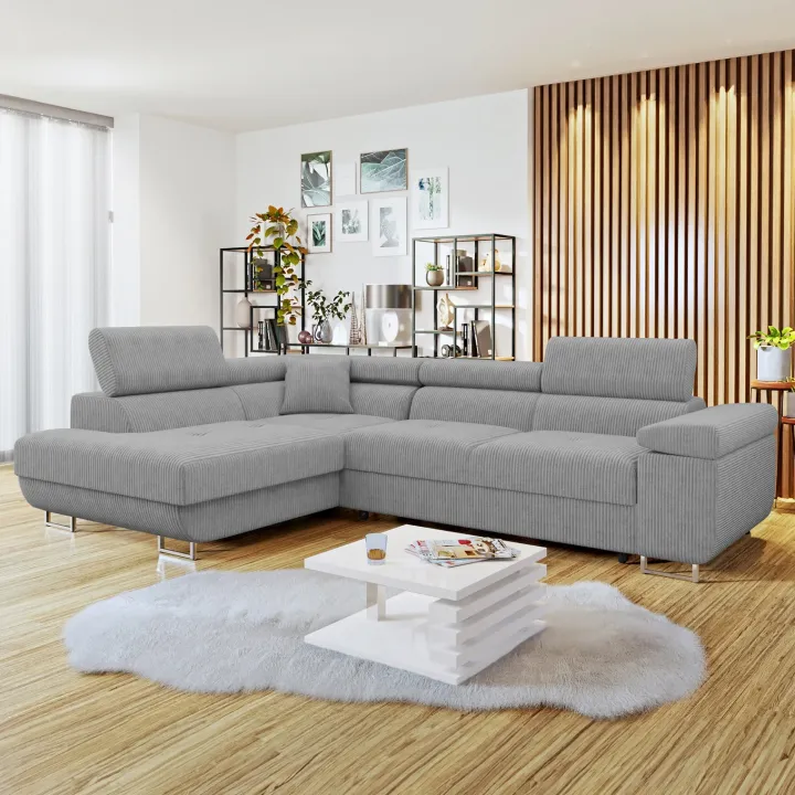 Divano letto angolare sinistra imbottito 274x203cm velluto a coste grigio Bormio