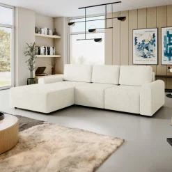 Divano letto angolare sinistra 3 posti 258x168 cm con contenitore a trama sottile beige Olivon