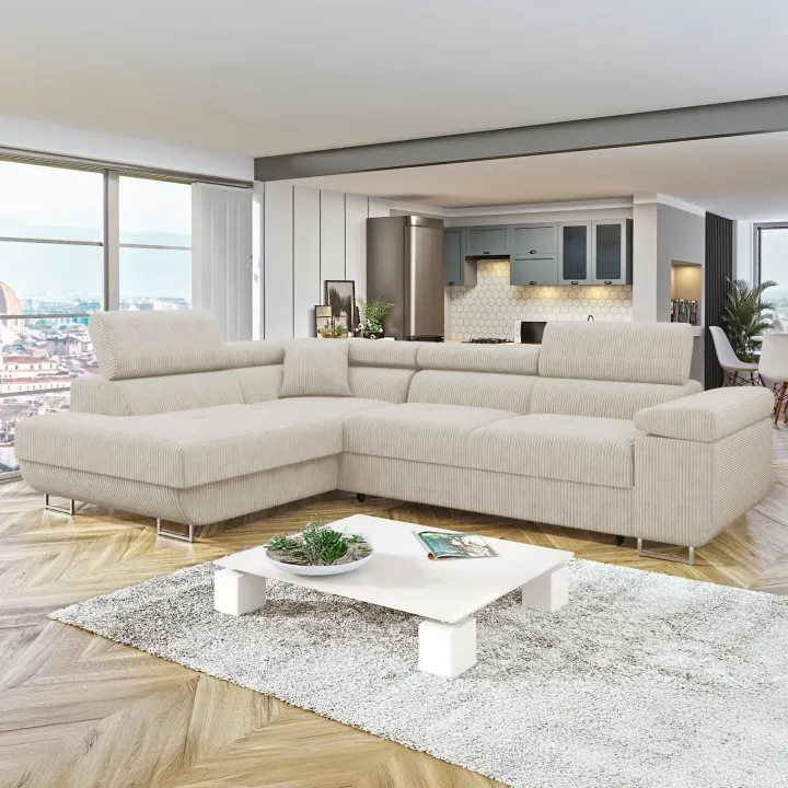 Divano letto angolare sinistra 4 posti 274x203cm imbottito a coste beige Bormio