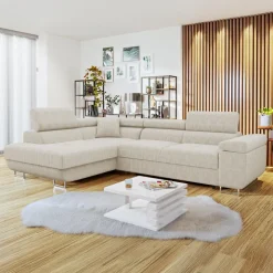 Divano letto angolare sinistra 4 posti 274x203cm imbottito a coste beige Bormio