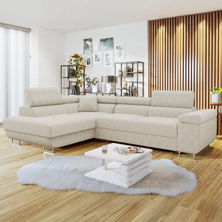 Divano letto angolare sinistra 4 posti 274x203cm imbottito a coste beige Bormio