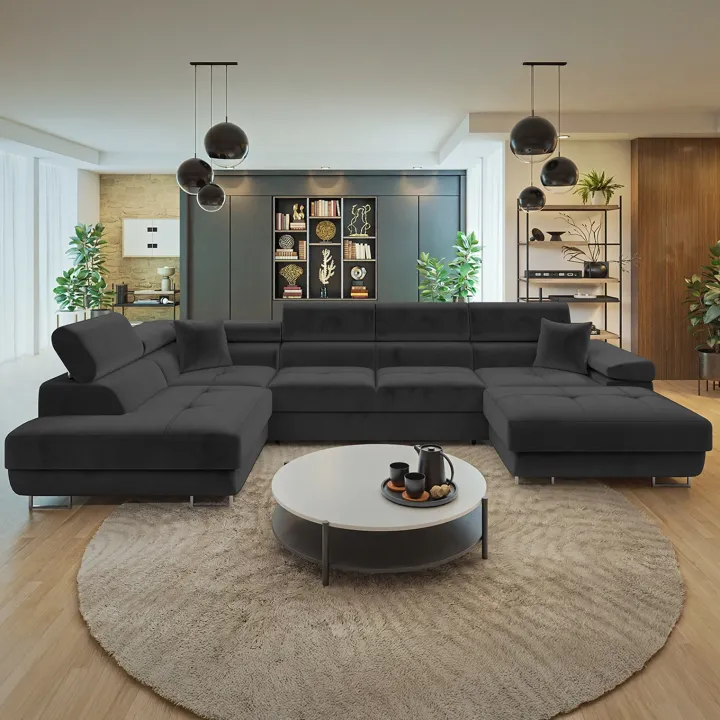 Divano letto angolare sinistra 5 posti 346x203cm con box contenitore vellutato nero Moirea