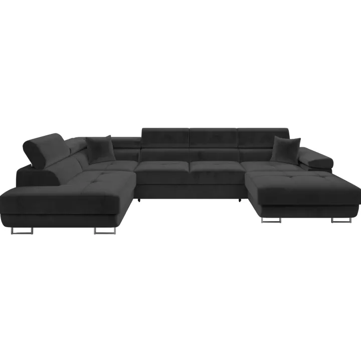 Divano letto angolare sinistra 5 posti 346x203cm con box contenitore vellutato nero Moirea