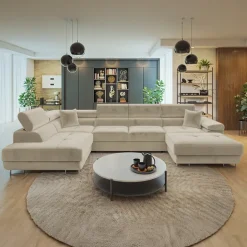 Divano letto angolare sinistra 5 posti 346x203cm con box contenitore beige Moirea