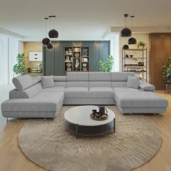 Divano letto angolare sinistra 5 posti 346x203cm con box contenitore a coste grigio Moirea