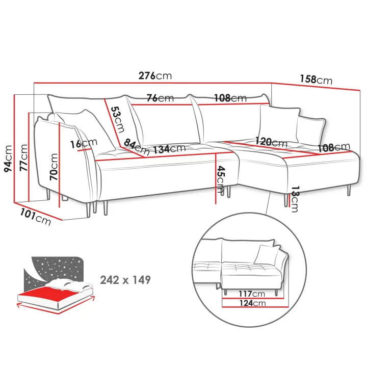 Divano letto angolare sinistro 3 posti 276x158cm tessuto blu Angle