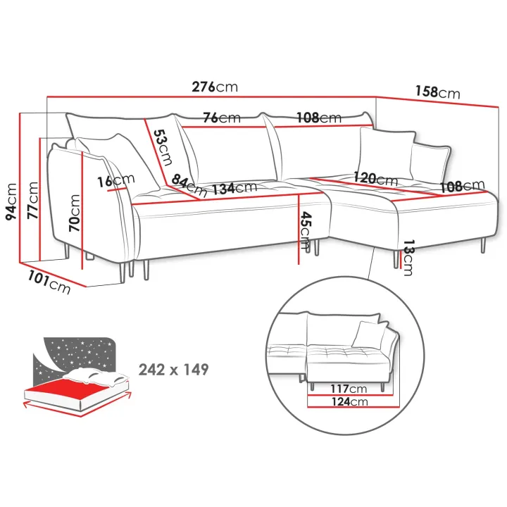 Divano letto angolare sinistro 3 posti 276x158cm tessuto tortora Angle