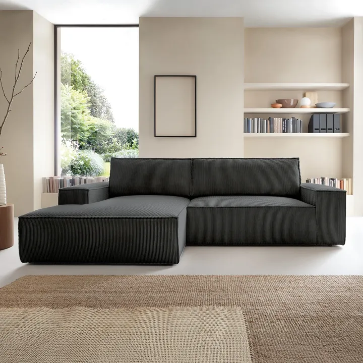 Divano letto angolare sinistra 3 posti 267x167cm velluto a coste antracite Relaxion