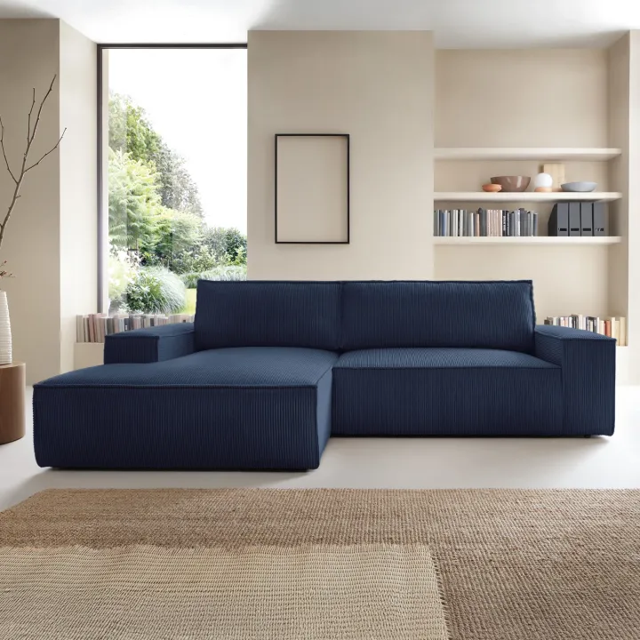 Divano letto angolare sinistra 3 posti 267x167cm velluto a coste blu Relaxion