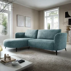 Divano letto angolare sinistra 3 posti 260x180cm tessuto bouclè azzurro Repose