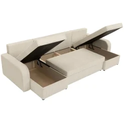 Divano letto angolare velluto a coste beige 304x140cm con contenitore Assunta
